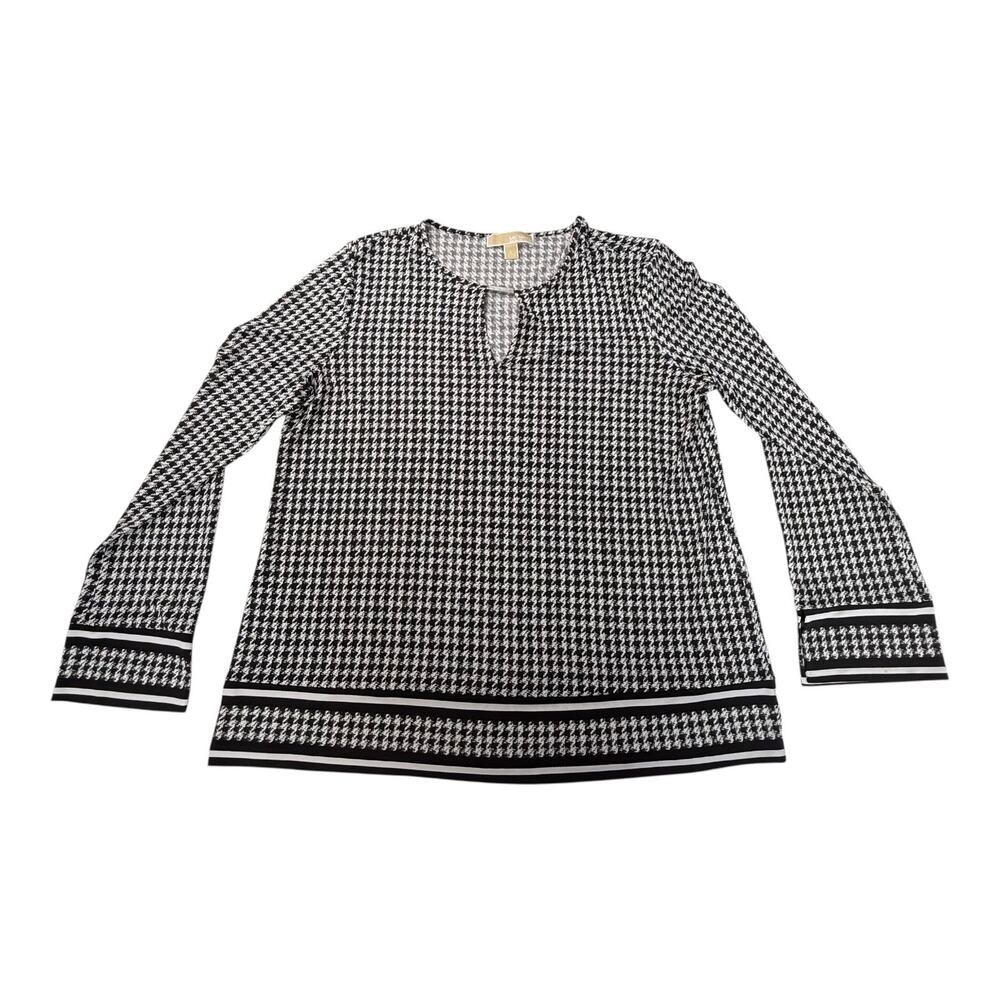 Michael Kors Long Sleeve BLOUSE Black White Top Womens LG V-Neck Silver Bar Logo